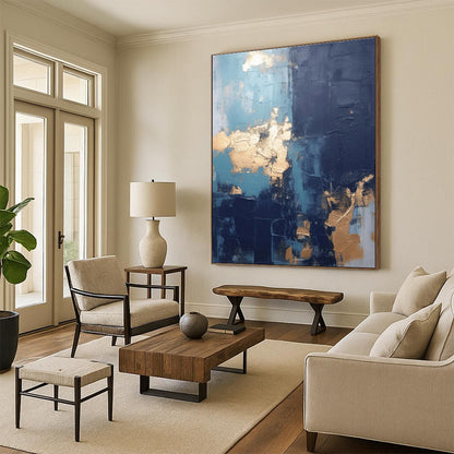 Handmade Art Teal, Gold & Gray Textured Abstract, Large Contemporary Wall Art HS233