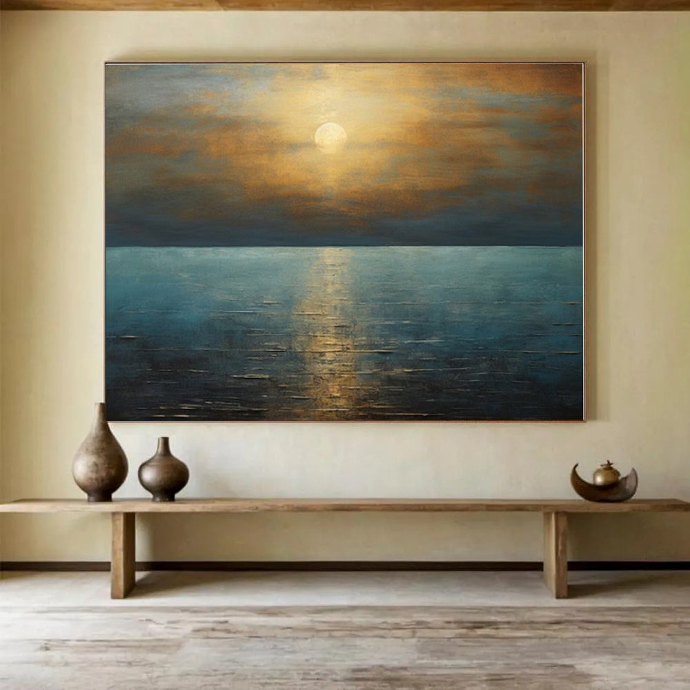 Gold, Blue Abstract Seascape Acrylic Painting WB034