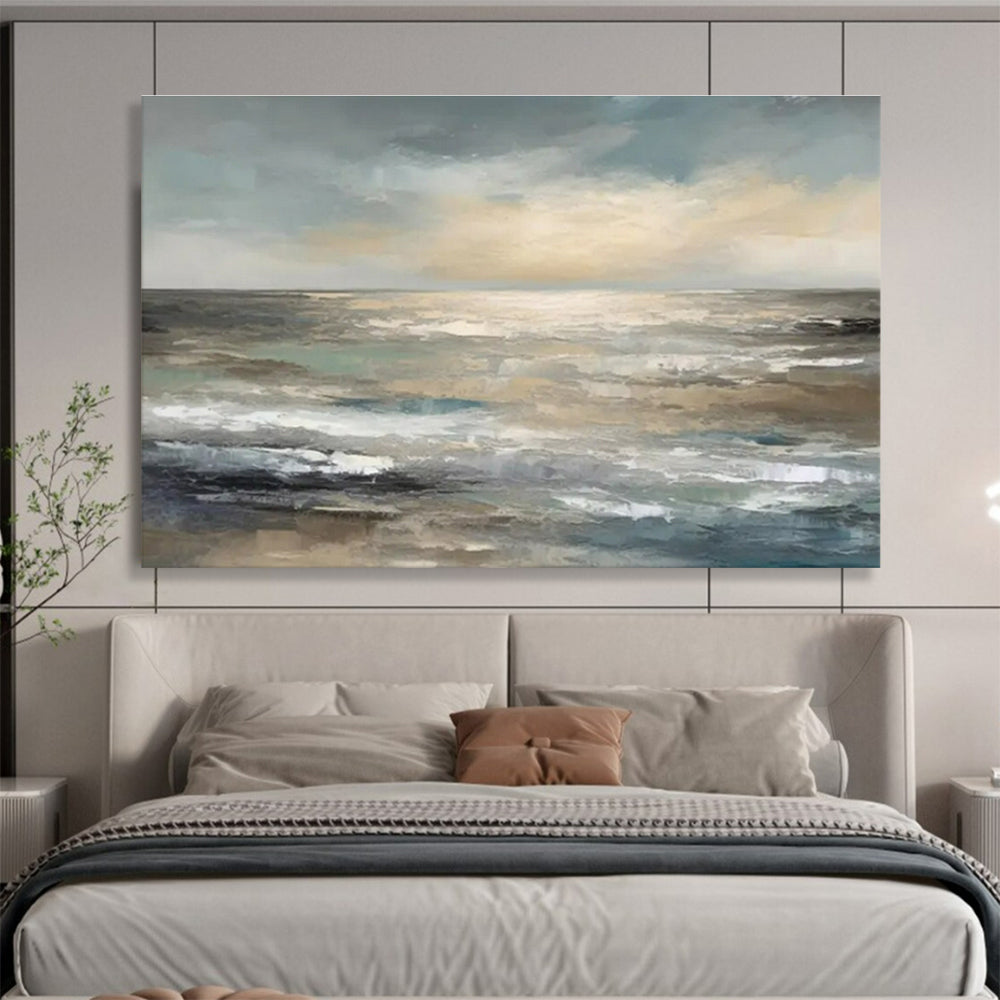 Hand Paintings: Blue Grey and Beige Coastal Sunset Abstract Painting WB350