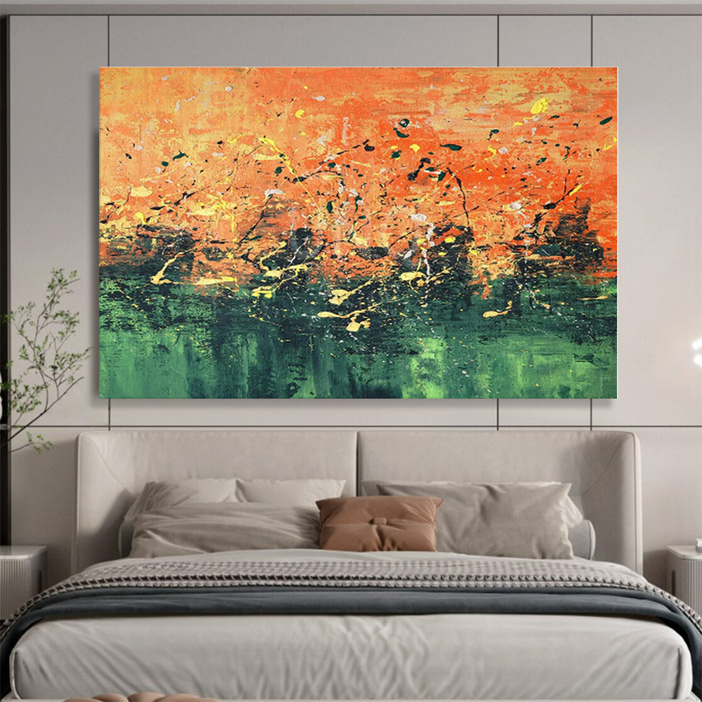 Oversized Canvas Art Orange and Green Abstract Splatter Painting WB053