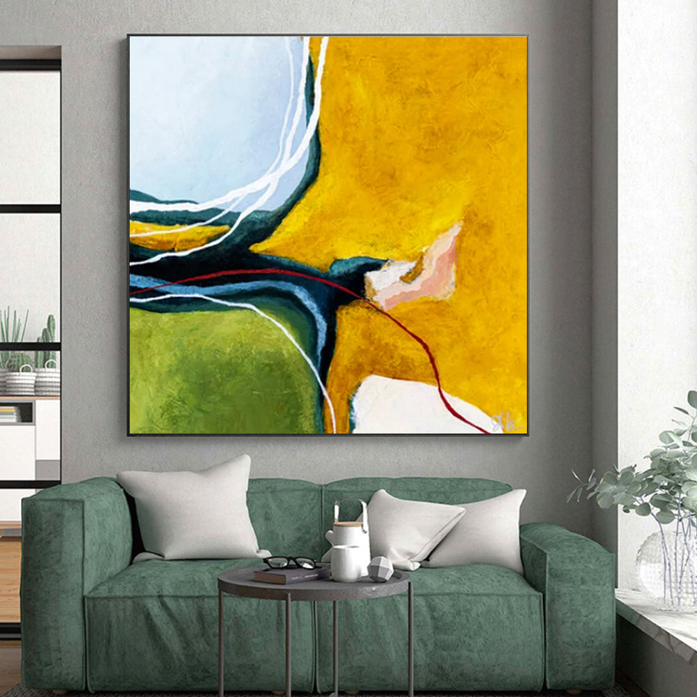 Unique Abstract Art Yellow, Green, and White Dynamic Abstract Painting On Canvas HS823