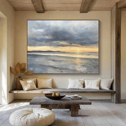 Modern Art Abstract Paintings with Gray, Orange, Yellow and Black Colors, Coastal Sunset Theme WB318