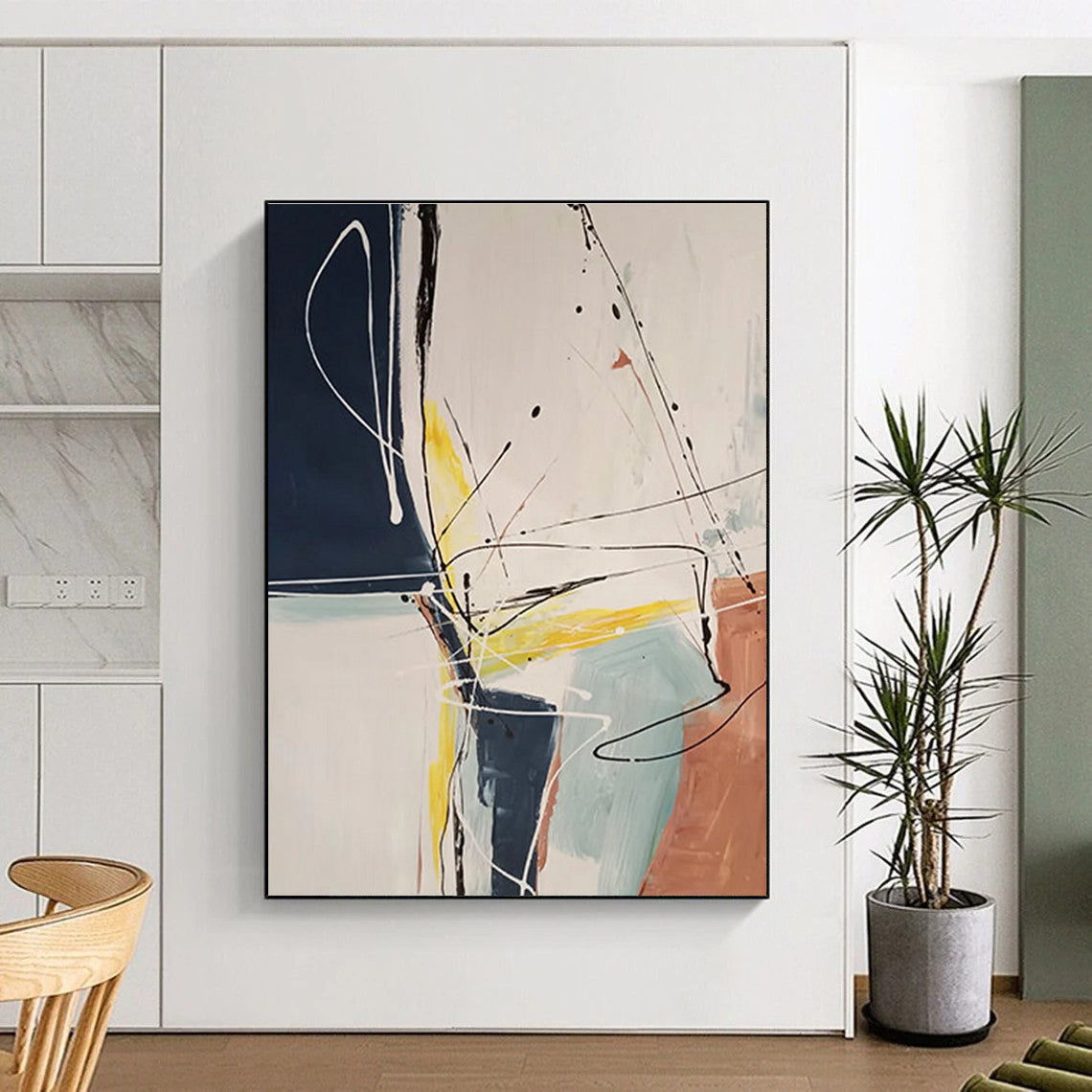 Hand-Painted Navy, Yellow & Terracotta Gestural Abstract, Acrylic Modern Art Painting HS211