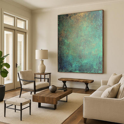 Large Size Teal and Gold Textured Patina Abstract Art HS179