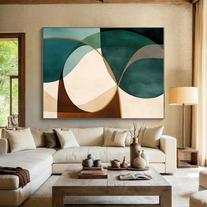 Modern Art Acrylic Teal, Brown, and Beige Circular Abstract Art HS736