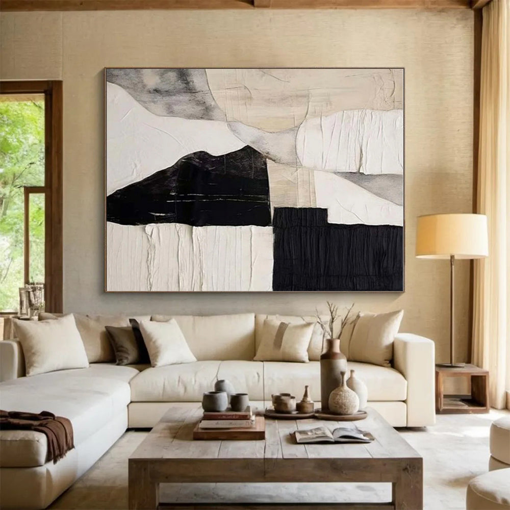 Hand-Painted Black & White Textured Abstract, Acrylic Modern Art Painting HS331