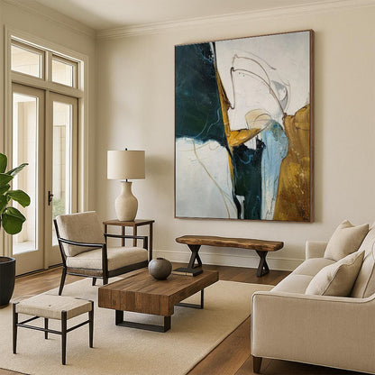 Unique Abstract Art Green, Gold, and White Dynamic Abstract Painting On Canvas HS810