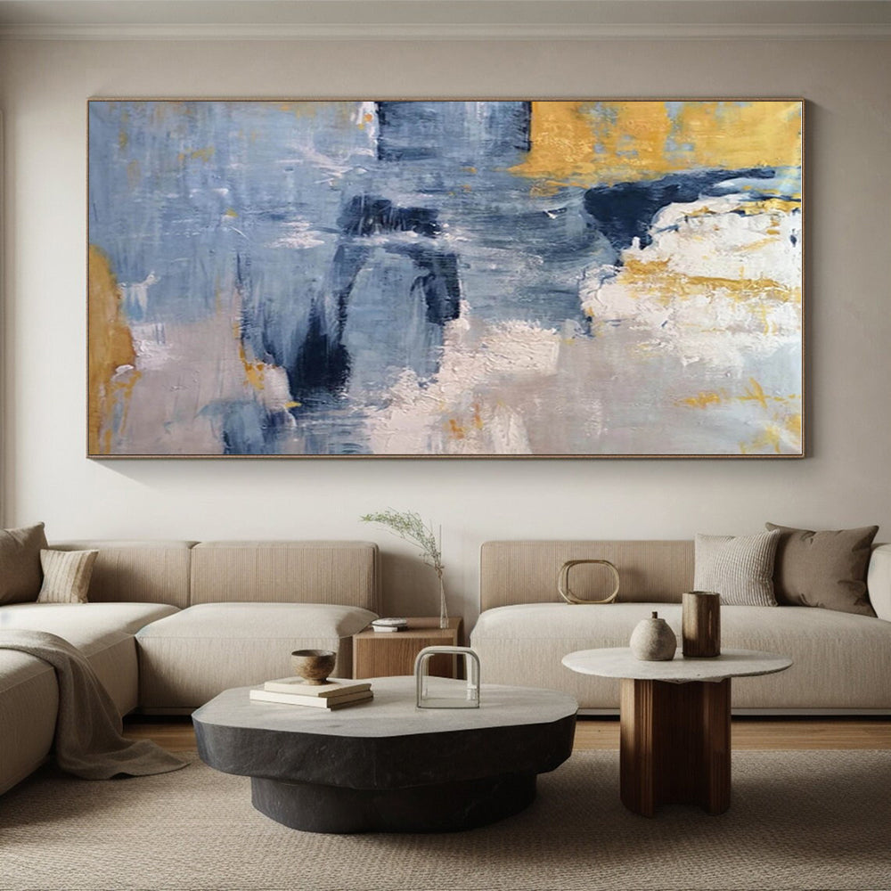 Hand Painted Art Blue, Gold & Gray Textured Abstract, Acrylic Modern Art Painting HS248