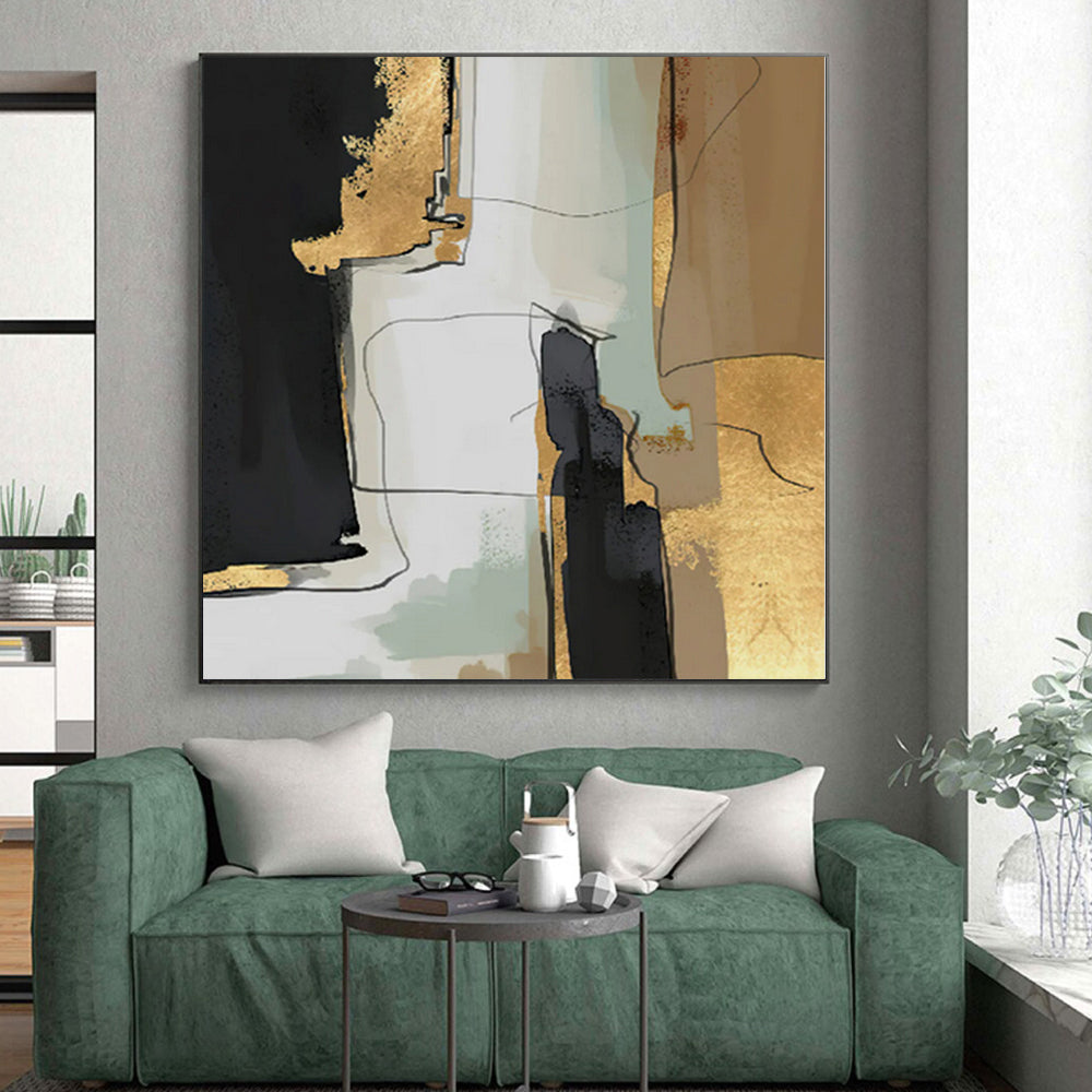 Hand Painting Black, Gold, and Beige Abstract Textured Painting For Sale HS088