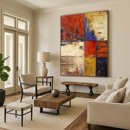 Big Painting Red, Blue, Yellow & Brown Abstract Geometric Blocks Art HS385