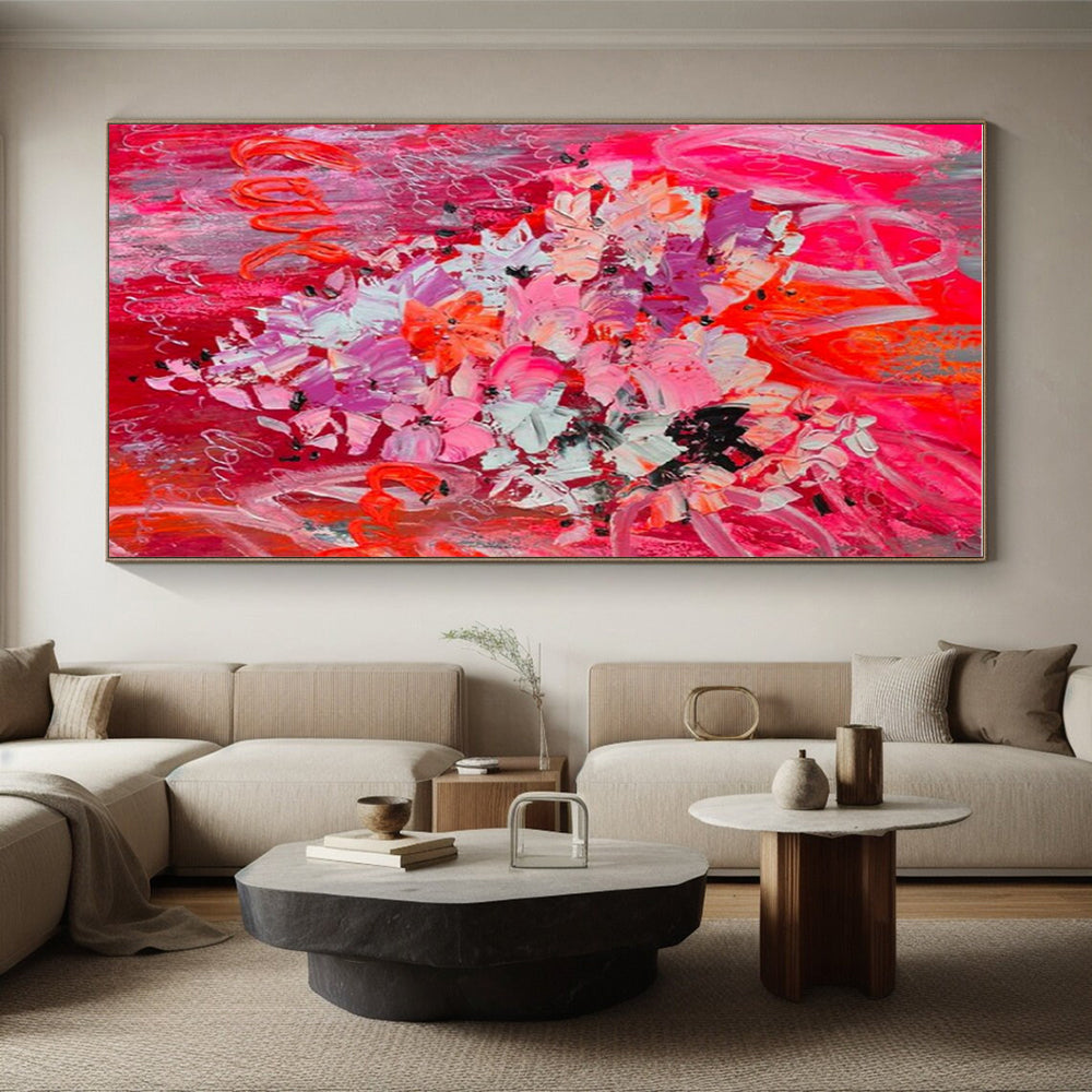 Unique Abstract Art Red, Pink, and Gray Floral Abstract Art with “Love” Accents HS719