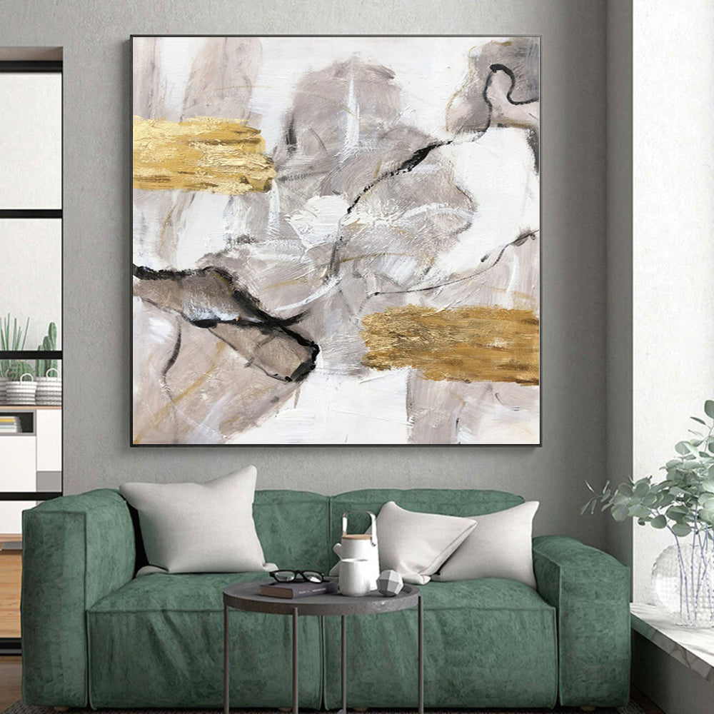 Hand-Painted Gray, White, and Gold Abstract Textured Painting For Sale HS057