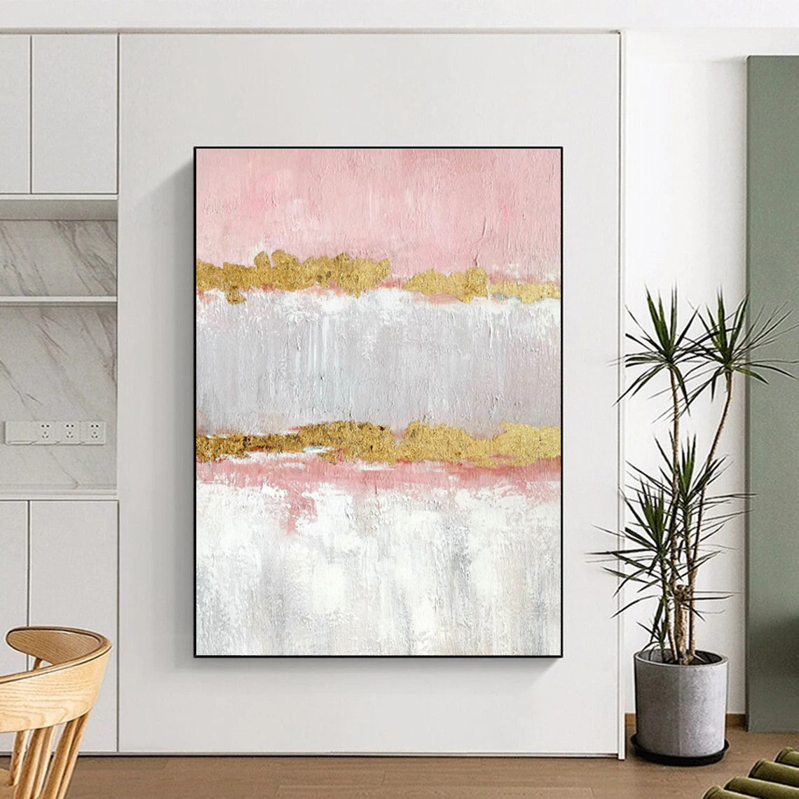 Hand-Painted Pink & Gold Textured Abstract, Acrylic Modern Art Painting HS347