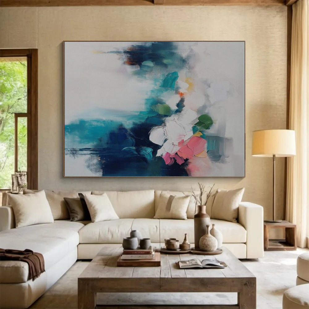 Acrylic Modern Art Paintings Teal, Pink, and White Floral Abstract Art HS718
