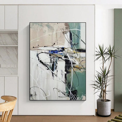 Hand Painted Art Green, White, and Black Dynamic Abstract Painting On Canvas HS801