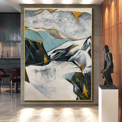 Hand-Painted Teal, Gray & Yellow Abstract Mountain Landscape Art HS401