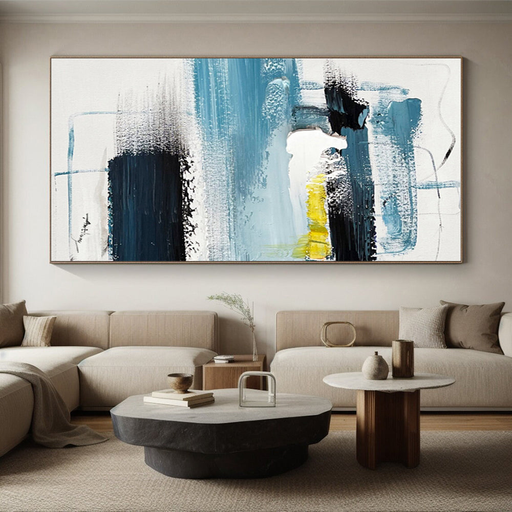 Modern Art Acrylic with Blue, Black, White and Yellow Colors, Abstract Urban Theme HS462