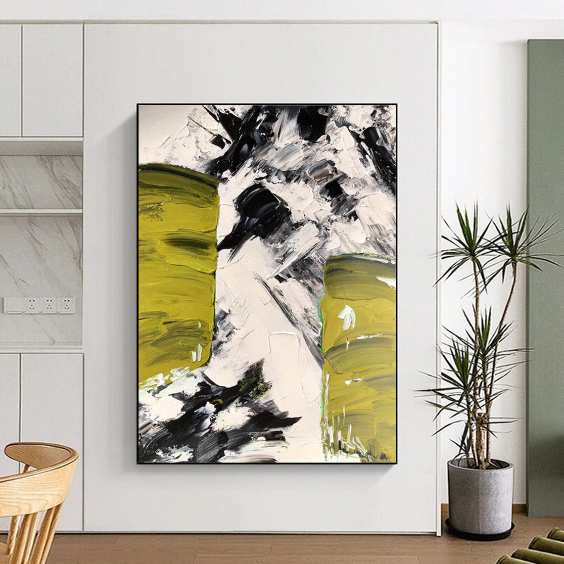 Big Painting Green, Black & White Textured Abstract Architectural Art HS395