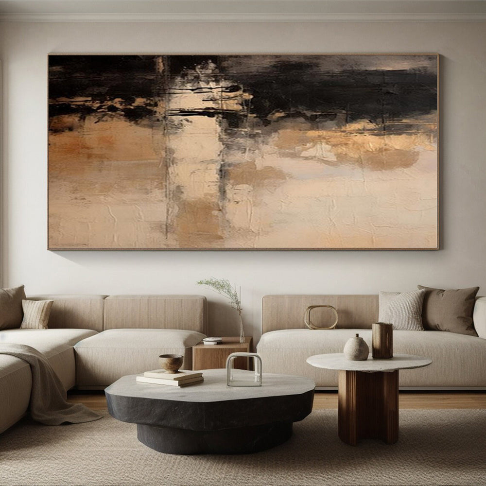 Unique Abstract Art Black & Beige Textured Abstract, Large Contemporary Wall Art HS367