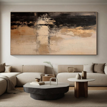 Unique Abstract Art Black & Beige Textured Abstract, Large Contemporary Wall Art HS367