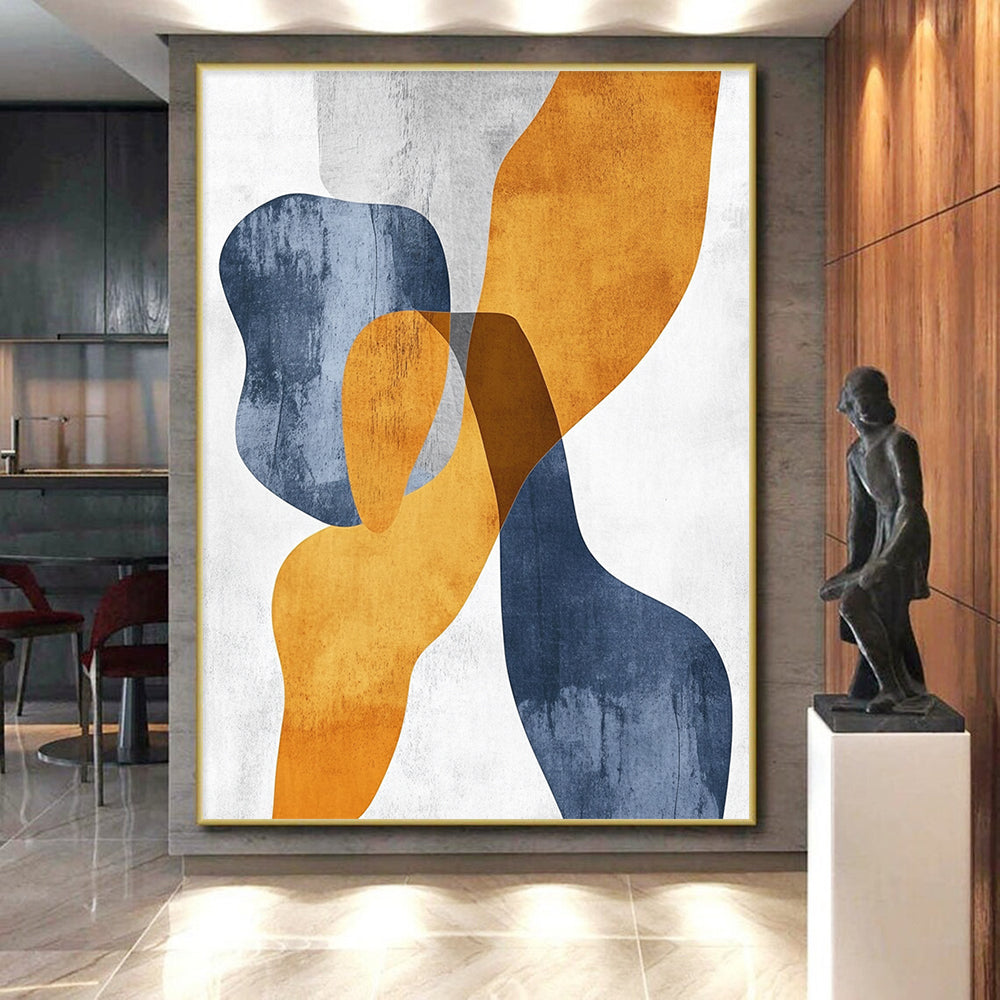 Unique Abstract Art Orange, Blue, and White Abstract Shape Painting For Sale HS124