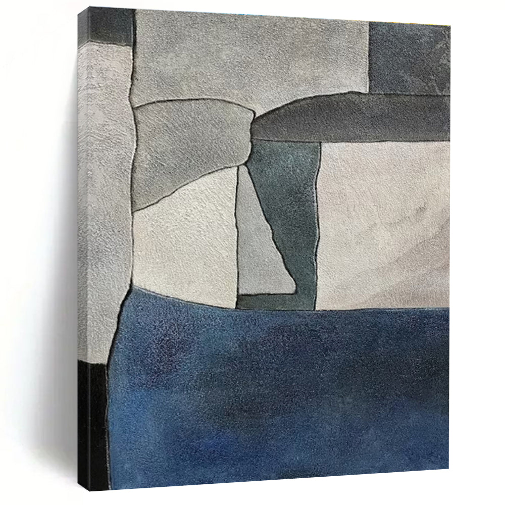 Handmade Art Gray & Blue Geometric Abstract, Minimalist Canvas Art HS434