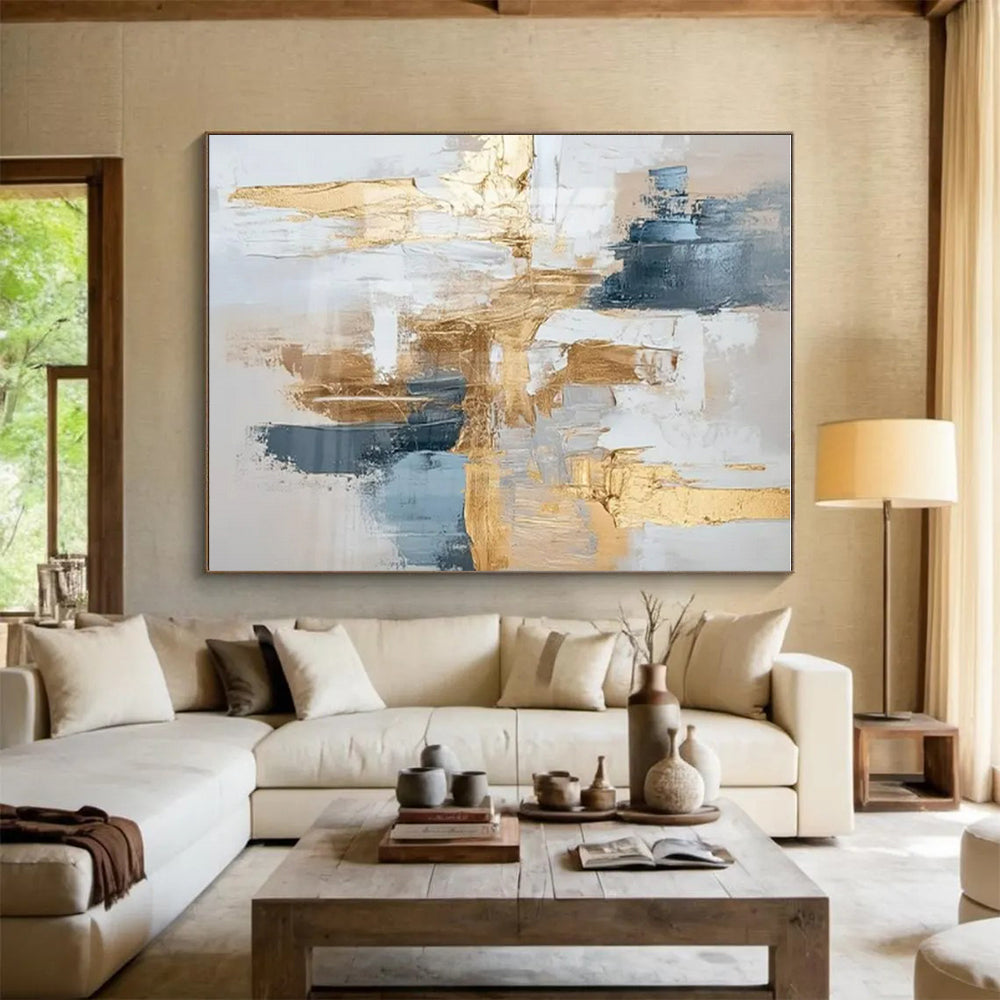 Large Contemporary Wall Art Gold, Blue, and White Textured Abstract Art HS739