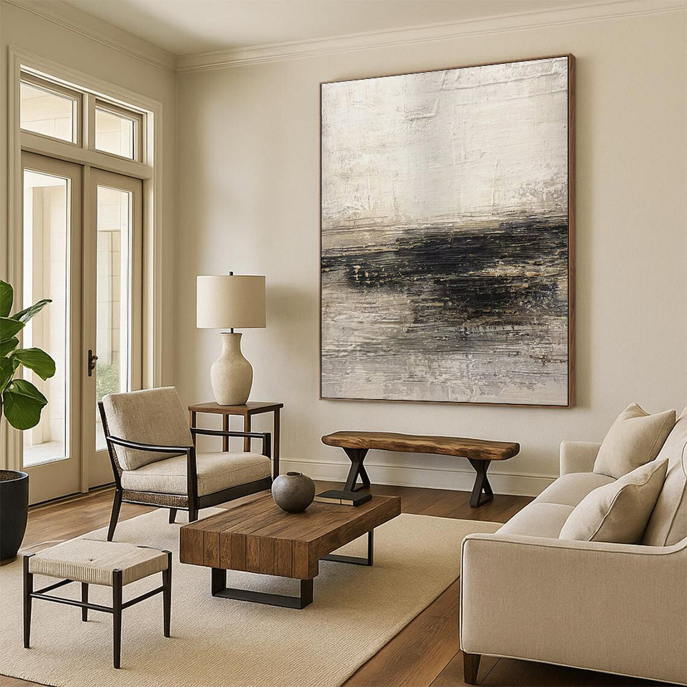 Handmade Art Neutral Tones with Black Textured Abstract Art HS635