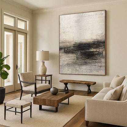 Handmade Art Neutral Tones with Black Textured Abstract Art HS635