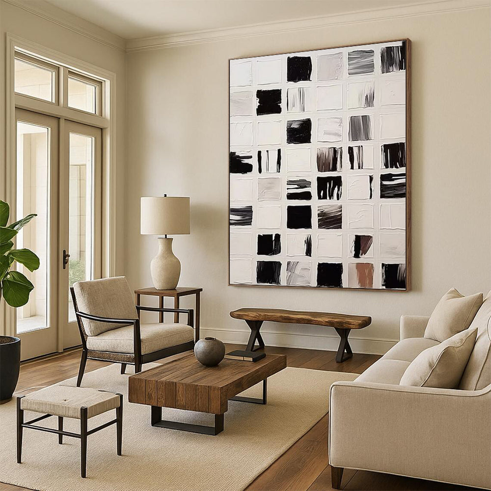 Large Size Black and White Grid Abstract Art, Cool Abstract Paintings HS555