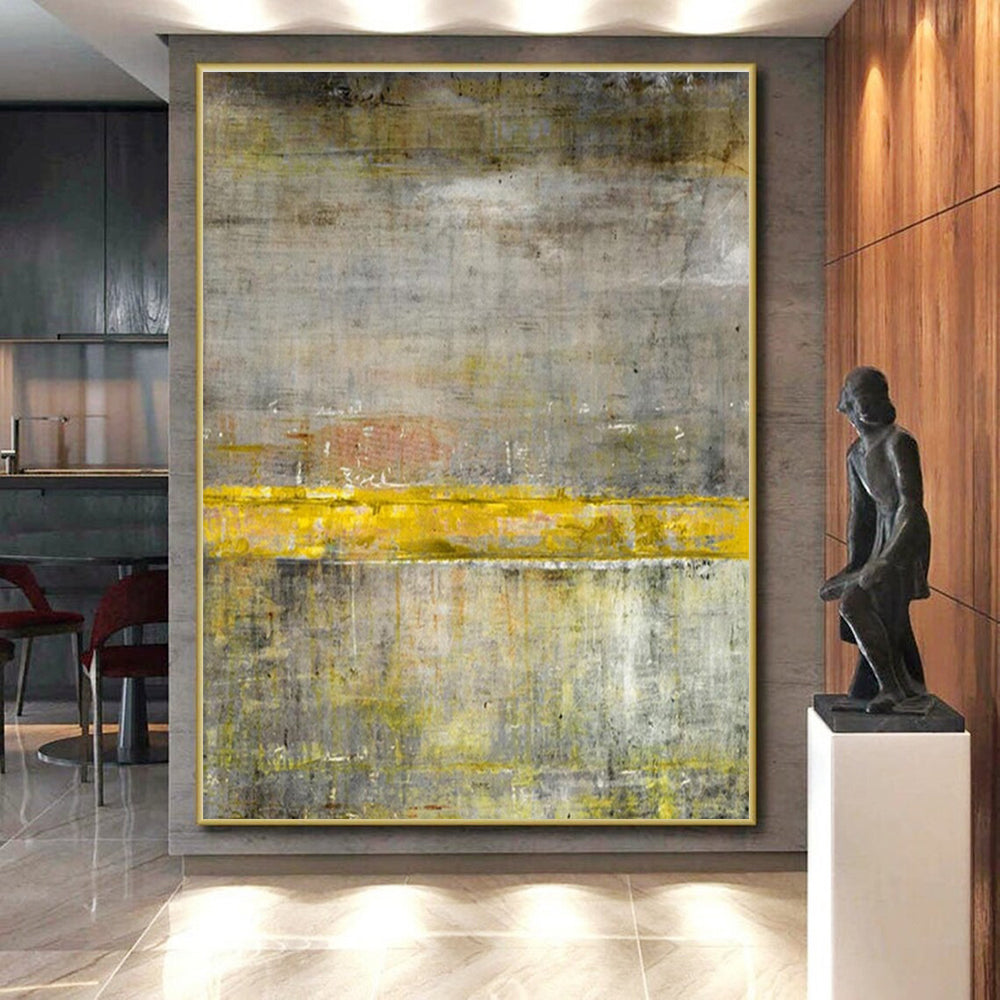 Gaint Canvas Art Gray & Yellow Textured Abstract, Oversized Abstract Wall Art HS351