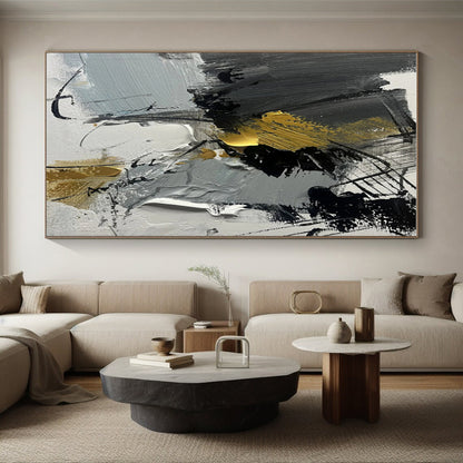 Oversized Abstract Wall Art with Gray, Black, White and Gold Colors, Energetic Abstract Theme HS466