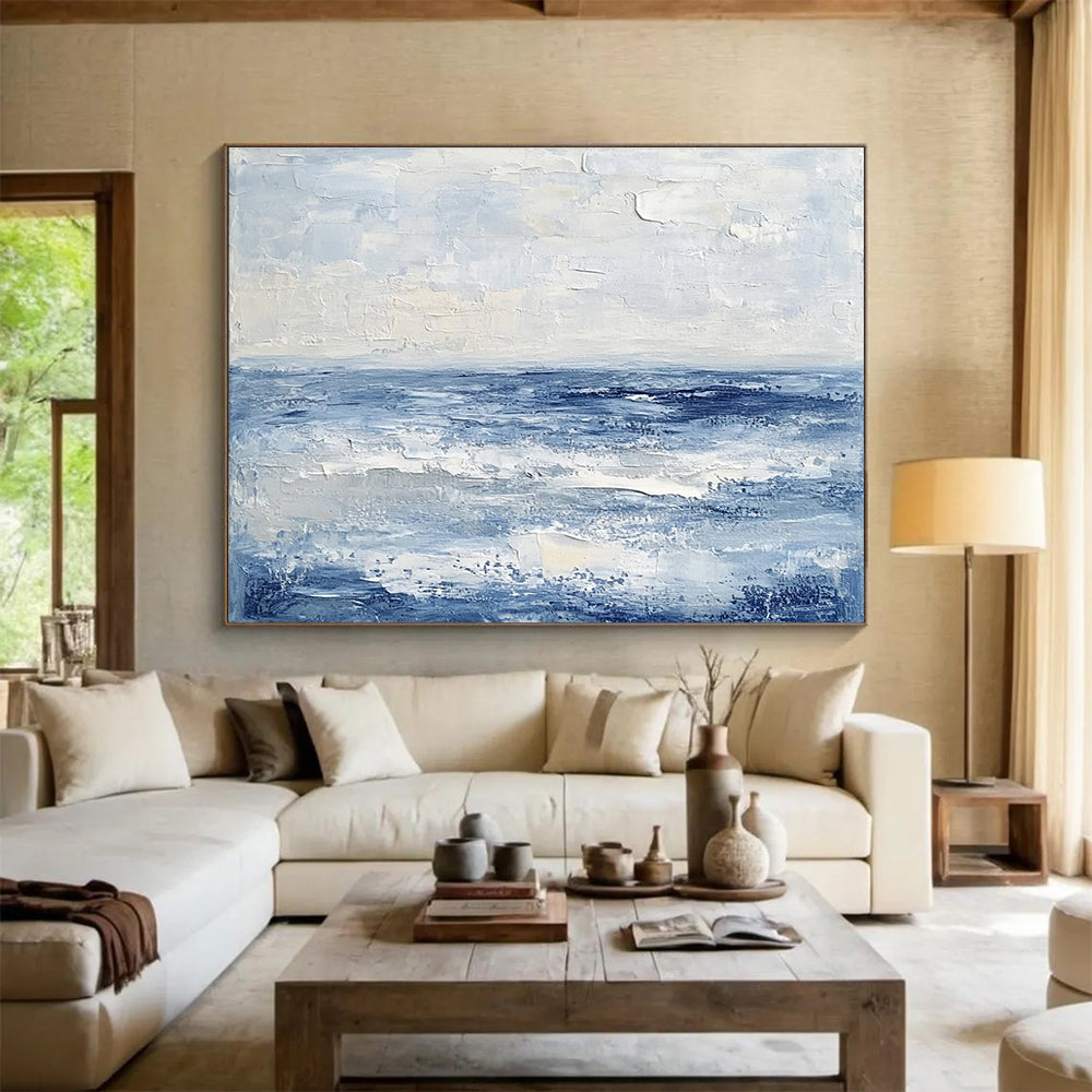 Extra Large Size Blue, White, and Gray Textured Abstract Seascape - Acrylic Painting WB291
