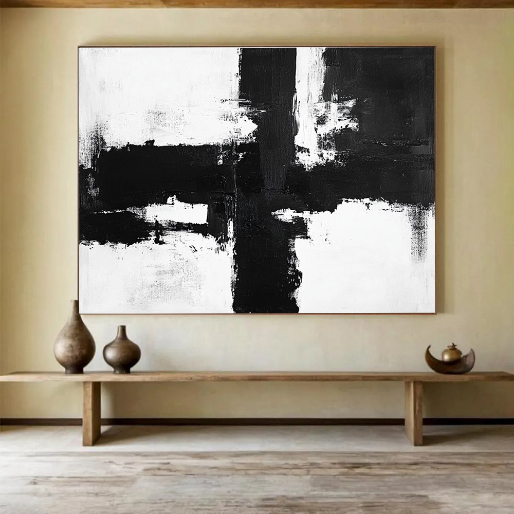 Horizontal Black and White Geometric Abstract Art WB258