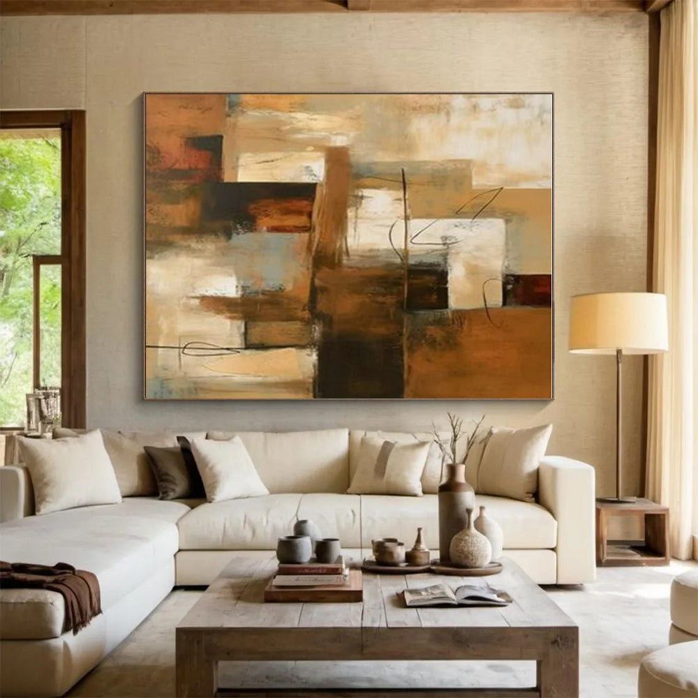 Hand-Painted Modern Art Acrylic with Brown, Beige, Gray Textures - Large Painting In Living Room HS517