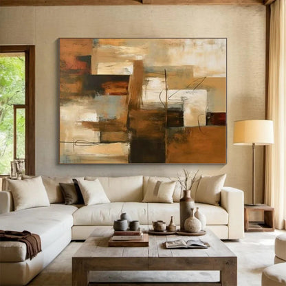 Hand-Painted Modern Art Acrylic with Brown, Beige, Gray Textures - Large Painting In Living Room HS517