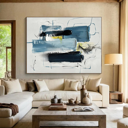 Large Contemporary Wall Art with Blue, Black, White and Yellow Colors, Abstract Urban Theme HS479