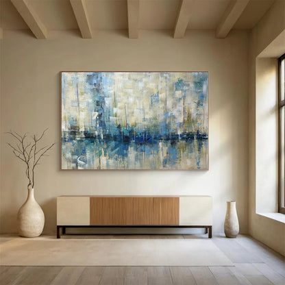 Oversized Canvas Art Blue and Beige Abstract Harbor Reflection Painting WB057