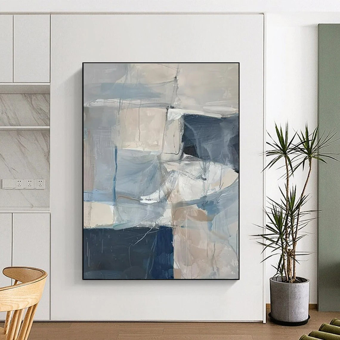 Modern Art Acrylic Blue, Gray, and Beige Geometric Abstract Art HS722
