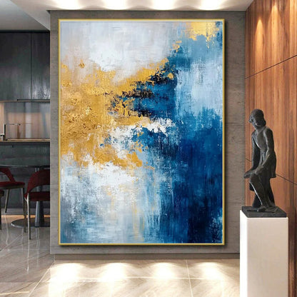 Gaint Canvas Art Blue, Gold & White Textured Abstract, Oversized Abstract Wall Art HS226