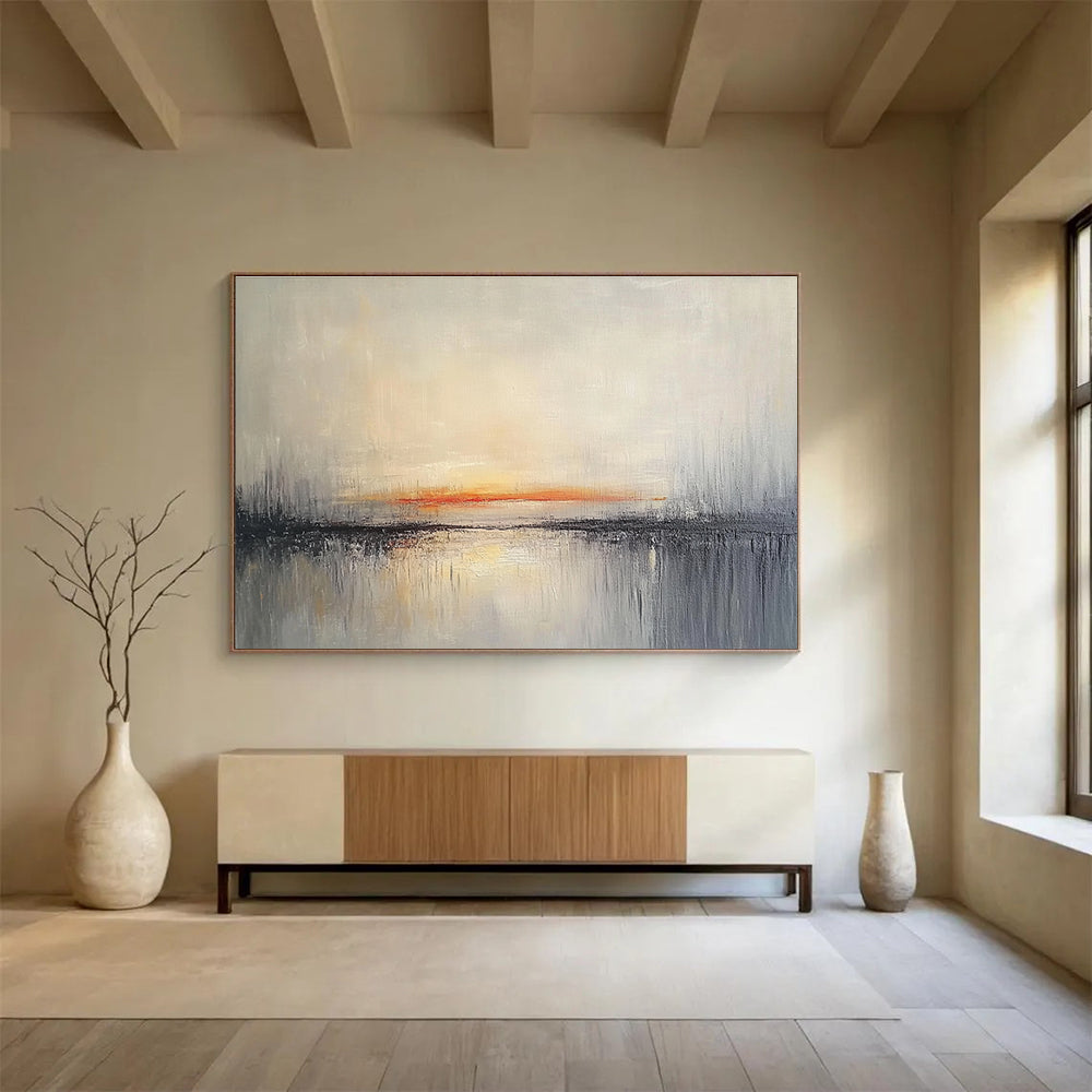 Big Size Gray, Orange, and White Abstract Sunset Over Water - Acrylic Painting WB272