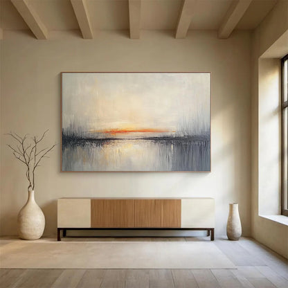 Big Size Gray, Orange, and White Abstract Sunset Over Water - Acrylic Painting WB272
