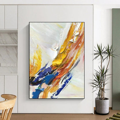 Handmade Art Unique Abstract Art with Yellow, Blue, Red, White Textured Brushstrokes - Acrylic Modern Art Painting HS520