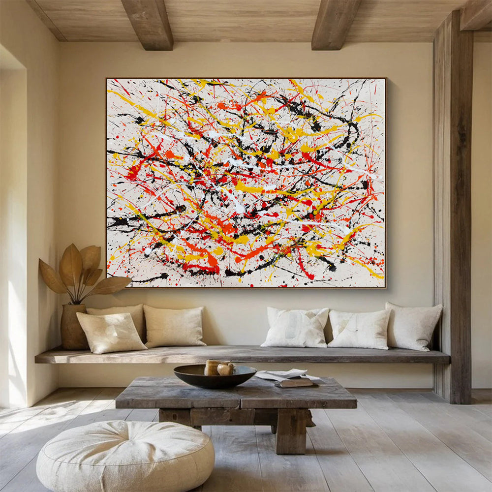 Huge Size Red, Yellow, Black and White Abstract Splatter Painting WB084