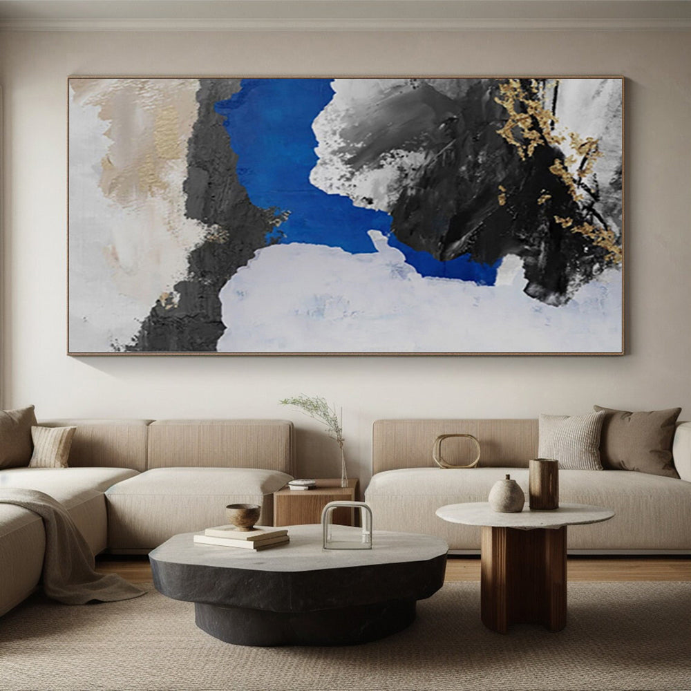 Hand-Painted Black, White, Blue, and Gold Abstract Textured Painting For Sale HS052
