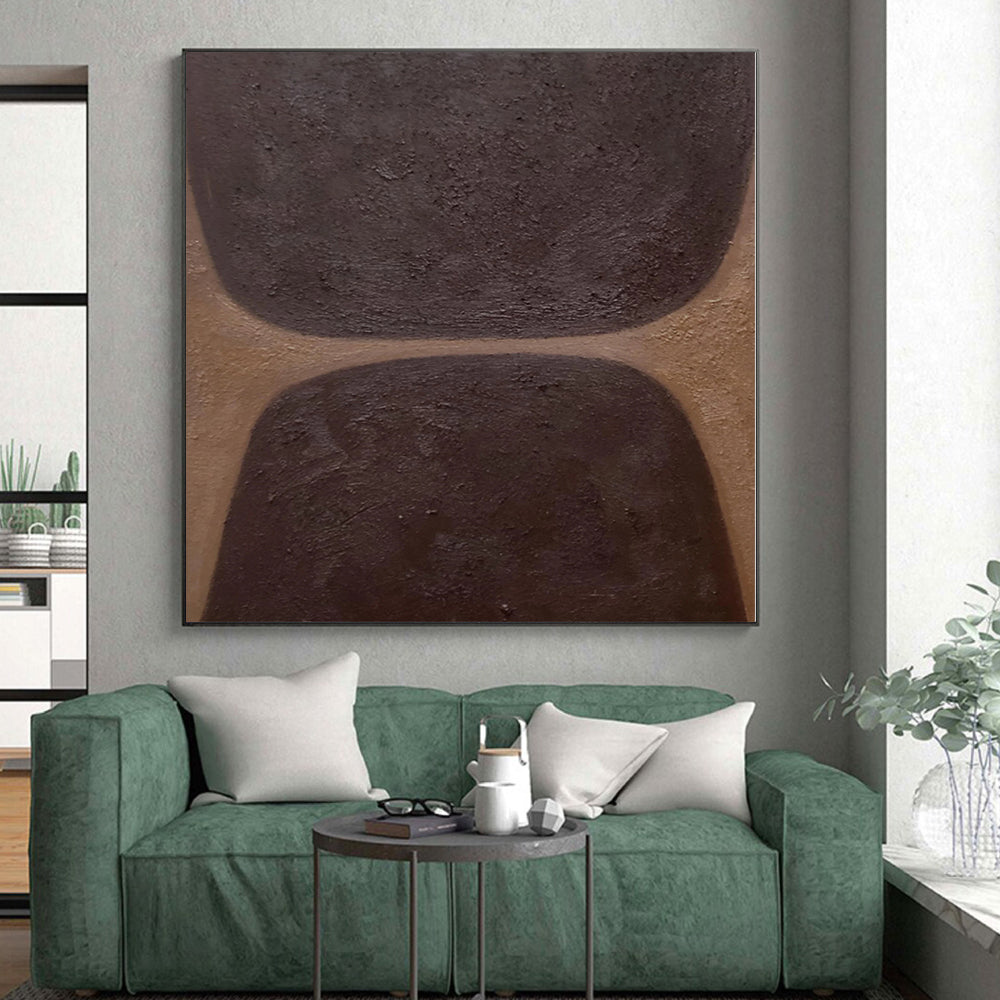 Hand-Painted Brown and Dark Brown Abstract Shape Painting For Sale HS032
