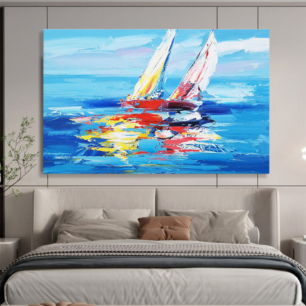 Oversized Canvas Art in Blue and Multicolor Sailboat Abstract Style WB232