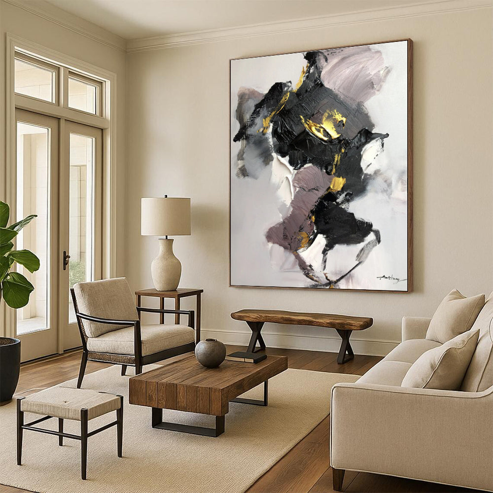 Oversized Abstract Wall Art with Black, Gray, White and Gold Colors, Energetic Abstract Theme HS476