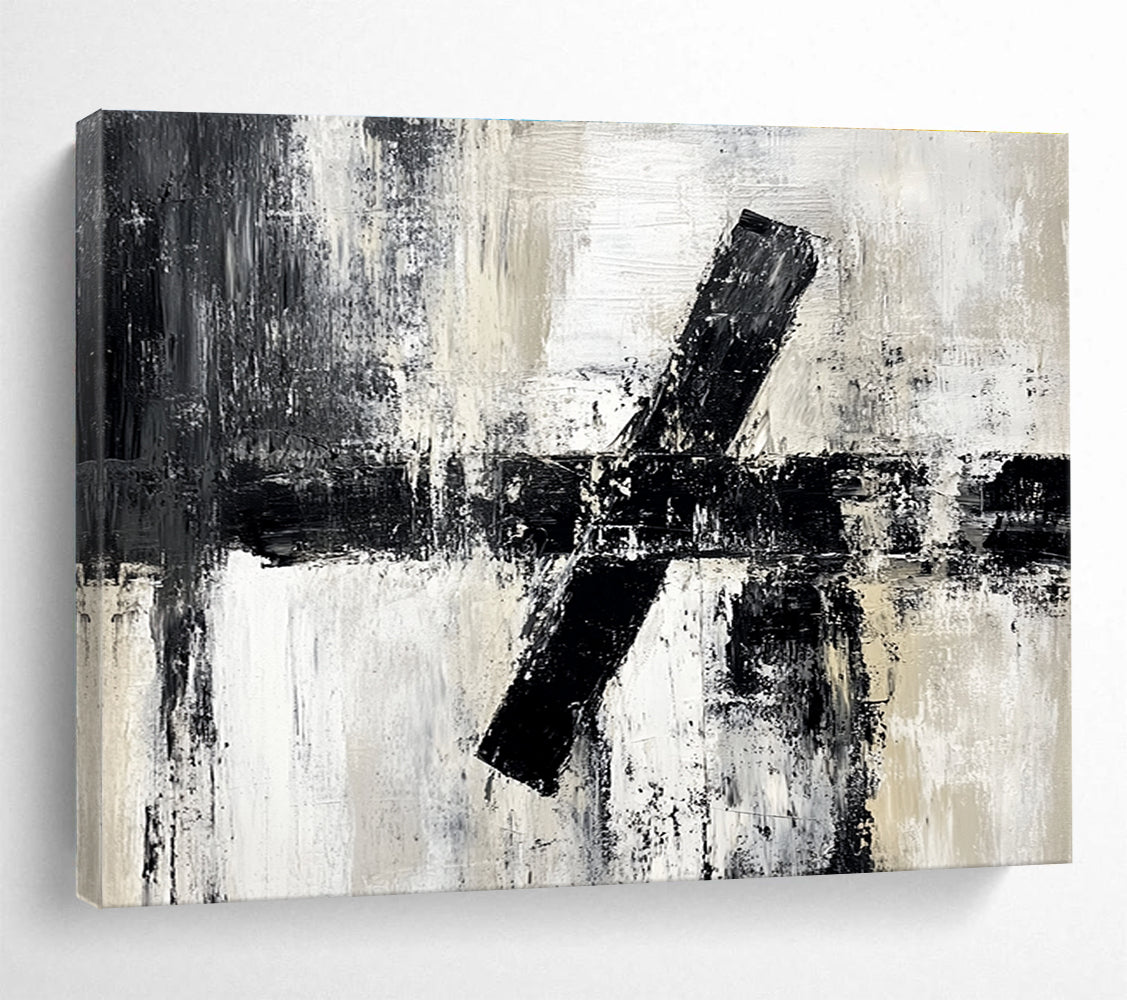Oversized Canvas Art in Black, White, and Gray Textured Geometric Abstract Style WB260