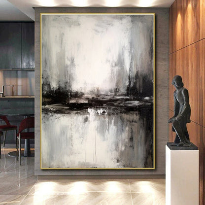 Hand-Painted Minimalist Canvas Art with Black, White, Gray Misty Textures - Large Painting In Living Room HS528